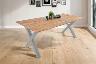 Produktbild von Esstisch 180x90 cm Akazie massiv eichenfarben schweizer Kante X-Gestell silber DEAN