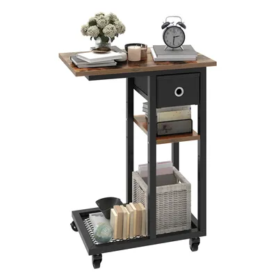 Produktbild von Beistelltisch, C-Form Sofatisch mit Rollen und Schublade, Wohnzimmertisch 50 x 30 x 67cm, Braun