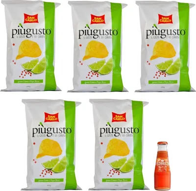 Produktbild von 5er-Pack San Carlo Più Gusto Lime e Pepe Rosa Patatine,Limette und Rosa Pfeffer,Kartoffelchips Chips,150g Beutel + 1x  Gingerino Recoaro Aperitivo Italiano 10cl