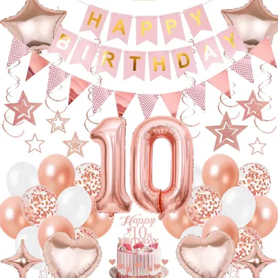 Immagine prodotto di Set di decorazioni per il 10° compleanno di una bambina, con palloncini color rosa oro e ghirlanda decorativa
