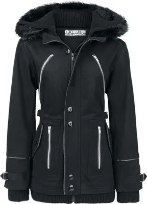 A black winter coat with fur-lined hood.