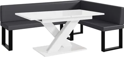 Produktbild von MEBLINI Eckbank für Esszimmer mit ausziehbarem Tisch  - Küchenbank - Essecke - Sitzecke Küche - TONI - U-Beine 142x196x87cm Rechts - Grau Kunstleder/B Weiß Hochgl.