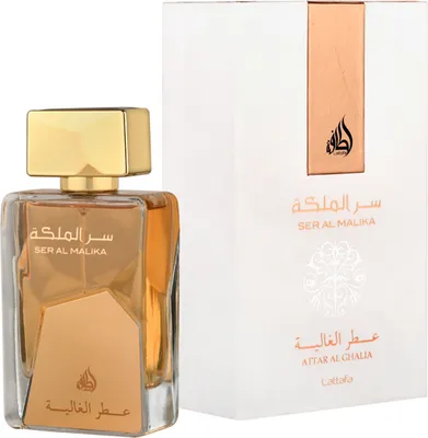 A perfume bottle and its packaging are displayed against a white background.