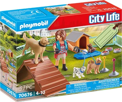 The image shows the packaging of a Playmobil City Life dog training set.