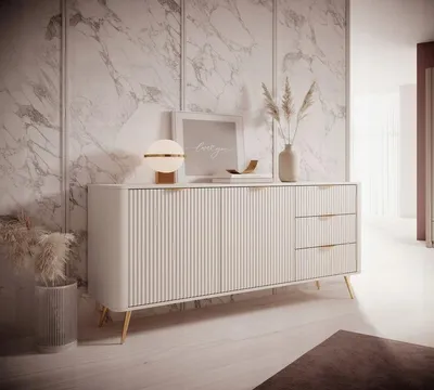 Produktbild von Kommode LANTE 160 – Beige, 3 gerillte Schubladen, goldene Griffe und Beine