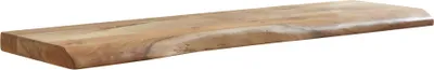 A single wooden shelf with a live edge is shown against a white background.
