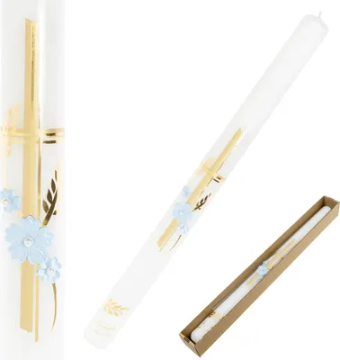 Immagine prodotto di Candela battesimale in una scatola per un bambino, fiore blu e perle