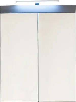 A front view of a bathroom cabinet with two doors and a light fixture above.