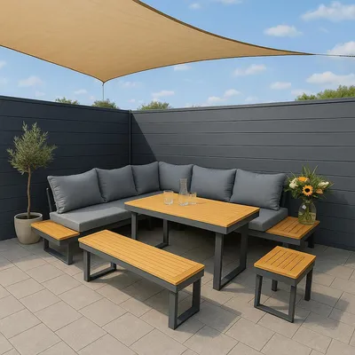 Produktbild von Gartenlounge Olympia Essgruppe 5-teilig Aluminium/Holz Ecksofa – 351311