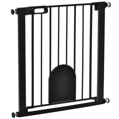 Image de PawHut Barrière de sécurité animaux de 76H cm barrière chien chat avec porte fermeture automatique système de double verrouillage fixation par pressionde de 75 à 82 cm acier et ABS noir