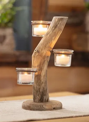 Produktbild von Teelichthalter "Baum" aus Holz, 3 Teelichtgläser, 28 cm hoch, Unikat, Kerzenhalter