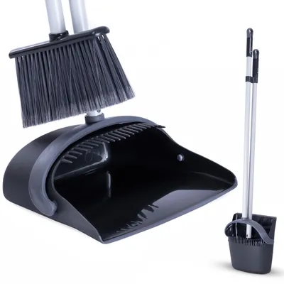 Productafbeelding van CLEANLY Stoffer en Blik met lange Steel 134 cm - Veger en Blik - Vuilblik - Bezem voor Binnen en Buiten - Innovatieve Borstelvezels - Zwart, Grijs