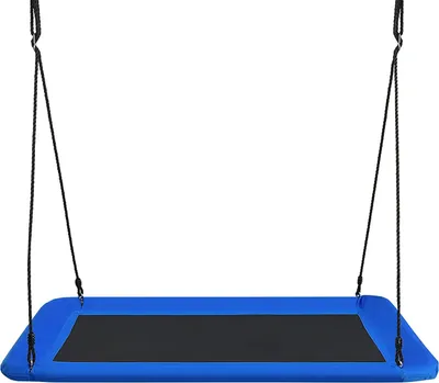 A blue rectangular swing with a black center, suspended by ropes against a white background.
