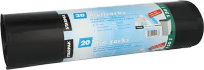 Produktbild von Papstar 12443, 150 l, Schwarz, Lineares Polyethylen mit niedriger Dichte (LLDPE), 1500 mm, 700 mm, 20 Stück(e)