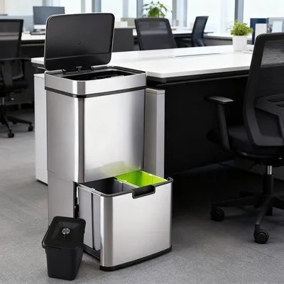 Produktbild von 72L Silber Automatischer Mülleimer,mit 3 + 1 Abteilungstrennung, Sensor-Abfalltrennung,Edelstahl,Handels-/Wohnmüllbehälter aus dauerhafter Metallbin.