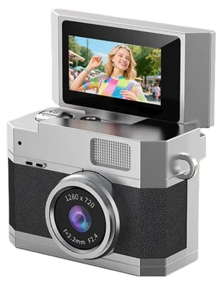 Image de Mini-appareil photo numérique ZELURXX rétro avec écran CCD rabattable HD de 0,96 pouces, photo et vidéo, accessoire élégant, idéal pour les enfants, les étudiants et les activités de plein air, 64 Go, noir