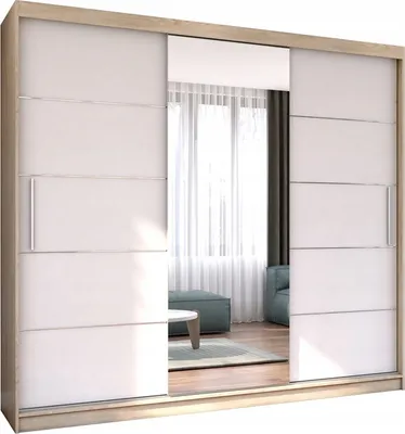 Produktbild von Easy4You Astra Sonoma/Weiß Schiebetürenschrank Kleiderschrank 233x218x61 cm mit Spiegel - Schlafzimmermöbel, Aufbewahrung – Mehrzweckschrank mit 2 Kleiderstangen