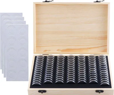 Produktbild von Münzsammelbox, Münzhalter, Münzbox aus Holz, 100 Stück Münzen Sammelbox, Münzsammlung, mit Runden Münzkapseln, für Münzen 18mm bis 30mm