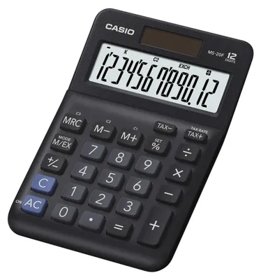 Obrázek produktu pro CASIO MS 20 F Stolní kalkulačka s velkým  12-ti místným LCD diplejem, výpočet DPH, procent, převody měn, nezávislá paměť,  duální napájení