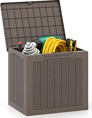 An open brown storage box filled with garden tools and a yellow hose.