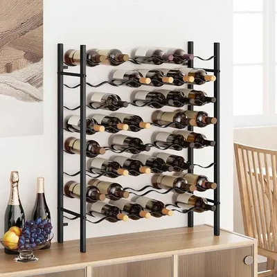 Productafbeelding van Wijnrek voor 48 flessen, zwart metaal, vrijstaand wijnrek voor keuken, eetkamer, woonkamer, kelder, huisbar en bar, 64 x 22 x 80 cm, stapelbaar opbergrek