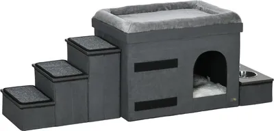 Immagine prodotto di Casetta per gatti, 3 scalette per animali domestici, 2 ciotole, 70 x 50 x 51 cm, grigio