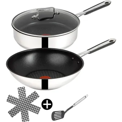 A set of cookware including a wok and a lidded pan, along with accessories, displayed on a white background.