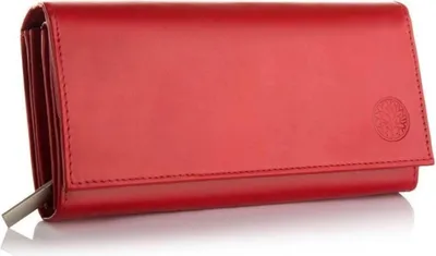 A red leather wallet is shown against a white background.