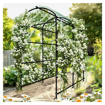 Produktbild von Metall-Rankgitter, großer Gartenbogen für Kletterpflanzen mit Nylonnetz und Erdspießen, 120x182x222cm