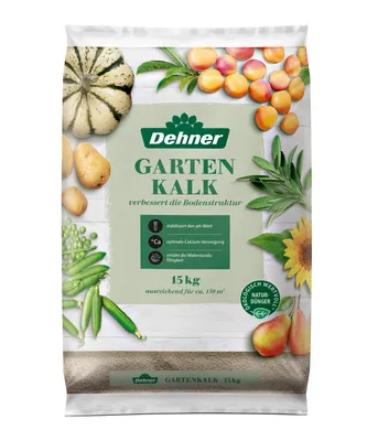 Produktbild von Dehner Gartenkalk, hochwertiger Dünger für Gartenpflanzen, mit Calciumcarbonat, reguliert den Säuregehalt, 15 kg, für ca. 150 qm