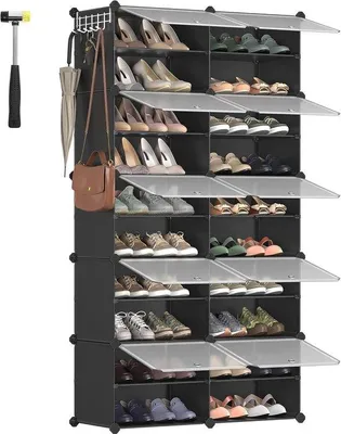 Produktbild von Famanu Schuhregal mit 10 Fächern, Schuhschrank, 30 x 40 x 30 cm pro Fach, schmal, mit Türen, Stahlrahmen, Kunststoff, schwarz