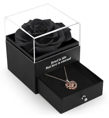 Konservierte echte Rose mit Halskette, Geschenkbox, 55 cm, schwarz