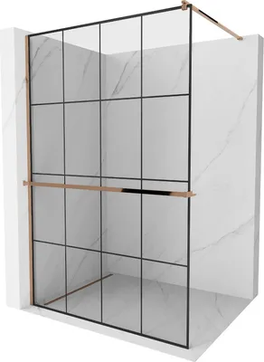 Produktbild von Mexen Kioto+ Duschwand mit Ablage und Reling 140 x 200 cm, Transparent/Schwarzes Design 8 mm Rosa Gold - 800-140-121-60-77