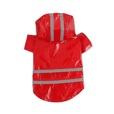 Produktbild von Hunderegenmantel wasserdicht – Hunderegenjacke mit Kapuze – Regenmantel für Hunde – Reflektierende Streifen – Brust- und Bauchschutz – Rot – Größe M