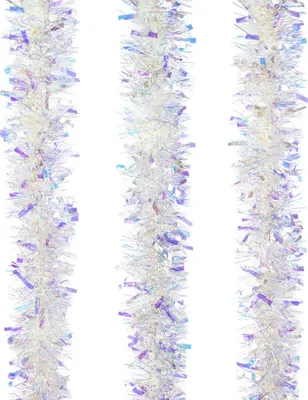 Three strands of iridescent tinsel garland are shown vertically against a white background.