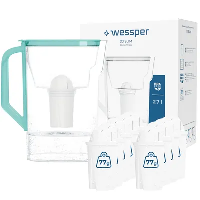Imagen del producto de Jarra filtrante Wessper D3 SLIM, 2,7 litros, color menta, con 10 filtros aquaclassic