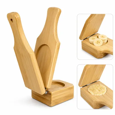 Produktbild von Bambus-Tostone-Presse & Stampfer, authentisches Karibik-Design, 2-in-1 für Tostones und Kochbananen-Schalen, ideal für gefüllte Kochbananen