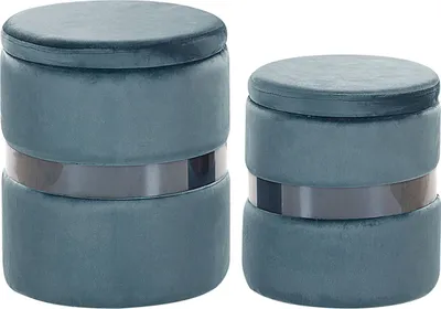Two teal velvet ottomans with a metallic band around the middle, shown against a white background.