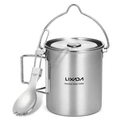 Obrázek produktu pro nerezový hrnec o objemu 750 ml, přenosný hrnek na vodu, hrnek s víkem a skládací rukojetí, outdoor, kempování, vaření, piknik