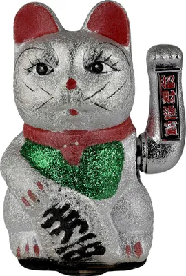 Produktbild von Glückskatze Maneki-neko Winkekatze aus Keramik 20cm silber winkende Katze Lucky cat