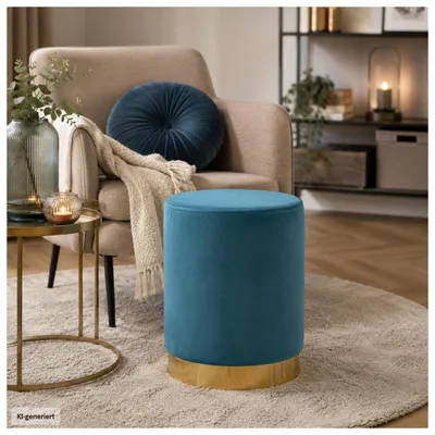 Produktbild von Hocker Reese, Bezug aus Velours in Türkis, Durchmesser 32 cm, Höhe 42 cm