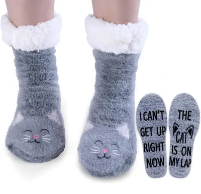 Produktbild von Haussocken Damen Winter Antirutsch Hüttensocken Dicke Socken 39-42 Graue Katze mit Buchstabe