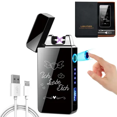 Produktbild von Elektronisches Lichtbogen-Feuerzeug - USB aufladbar mit Batterieanzeige und Gravur - Schwarz