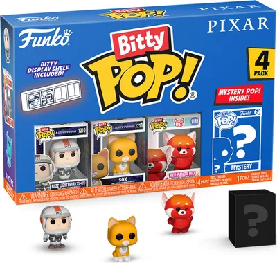 A Funko Bitty Pop! 4-pack featuring characters from Pixar's Lightyear and Turning Red, including Buzz Lightyear, Sox, and Red Panda Mei, along with a mystery pop and a display shelf.
