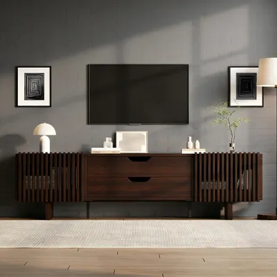 Image de Meuble TV Merax en noyer avec 2 tiroirs et portes à lamelles, support TV jusqu'à 75 pouces, meuble TV bas, meuble de salon, bois de noyer foncé