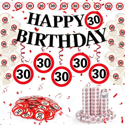 Immagine prodotto di Set di decorazioni per il 30° compleanno: cartelli stradali, palloncini, striscioni, serpentini e coriandoli