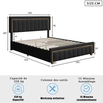 Zdjęcie produktu dla Łóżko tapicerowane - rama łóżka - 160 x 200 cm - pojemnik na pościel z podnoszeniem hydraulicznym - stelaż łóżka - obicie z weluru - zagłówek w pionowe pasy - kolor czarny