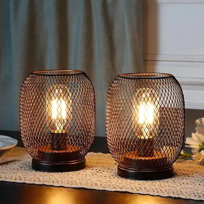 Zdjęcie produktu dla Lampa stołowa na baterie, zestaw 2 sztuk - metalowe lampki nocne z żarówkami LED
