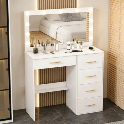 Produktbild von Schminktisch – Weiß – 80x36x130 cm – 5 Schubladen – MDF mit Glas – Schlafzimmermöbel