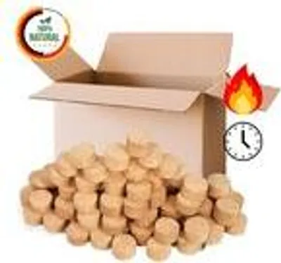 A box filled with small, cylindrical objects, possibly packing material, with icons indicating '100% Natural', 'Fire Hazard', and a clock.